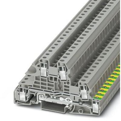 Phoenix Contact UTI 6-PE/L/L INSTAL jordklemme med grå plastik og grøn/gul markering, vist i et diagonalt snit.