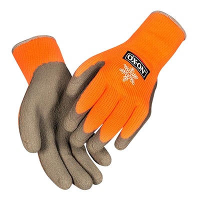 OX-ON MultiGrab Cool vinterhandske i størrelse 9 med orange strik og grå latexfoamdyppede fingre, vist fra begge sider.