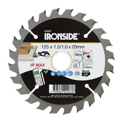 Ironside rundsavklinge til træ med 125 mm diameter og 24 tænder, set forfra med sort og hvid mærkat.