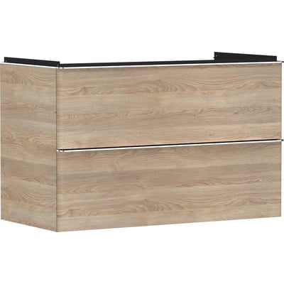 Hansgrohe Xelu Q vaskeskab i naturlig eg-finish med to skuffer og integreret grebsliste, vist på hvid baggrund.