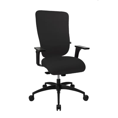 Kontorstol Soft Pro 110 i sort stof med justerbare armlæn, synkronmekanisme og hjul til hårde gulve.