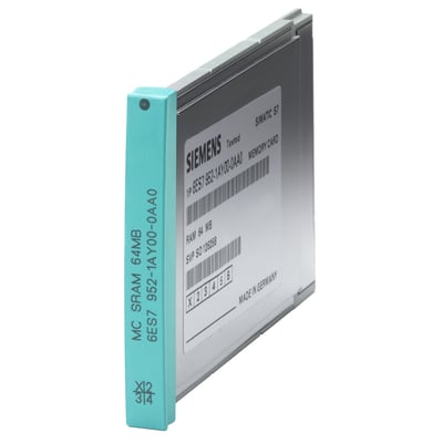 Siemens SIMATIC S7 memory card med 64MB MC SRAM, model 6ES7 952-1AY00-0AA0, fremstillet i Tyskland.