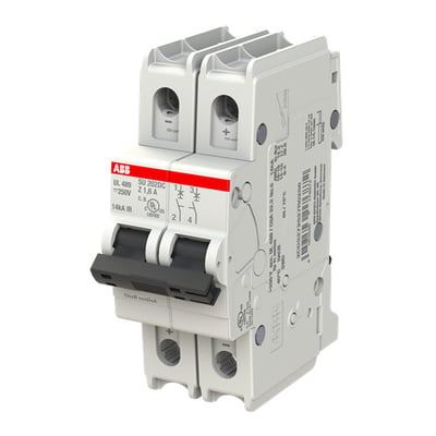 ABB SU202DC-Z1,6 2-polet automatsikring til DC på 1,6 A, set skråt forfra med to sorte betjeningsgreb.