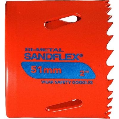 Rød Bahco Sandflex 3830 HSS bi-metal hulsav på 86 mm med savtænder og slidser i siden.
