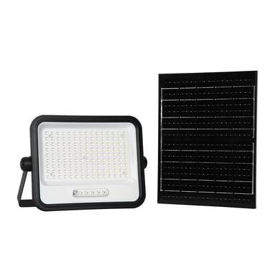 V-TAC 300W LED projektør med separat solpanel i sort hus, vist isoleret på hvid baggrund med stor detaljegrad.