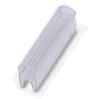 Detaljeret vinkel af Phoenix Contact PATG 2/15 skilteholder, der viser dens gennemsigtige materiale og fastgørelsesklemmer.