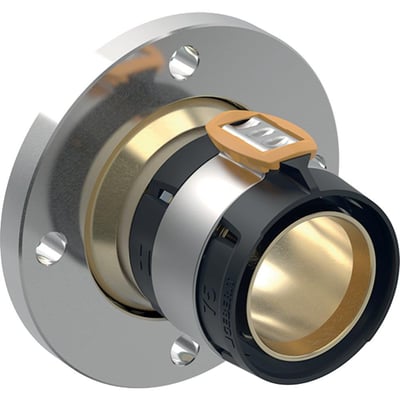 3D-gengivelse af Geberit FlowFit flange 75mm med presseenhed i blyfri siliciumbronze og messingdetaljer.