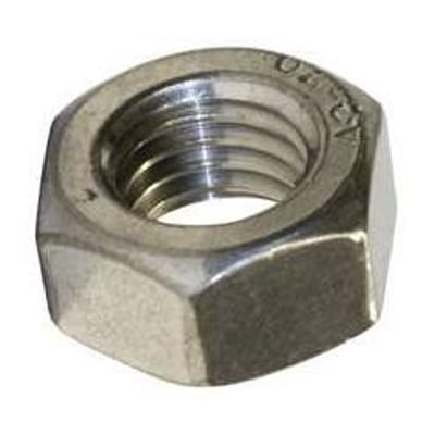 M5 DIN 934 A2 links møtrik i rustfrit stål, vist med gevind og sekskantet form på hvid baggrund.