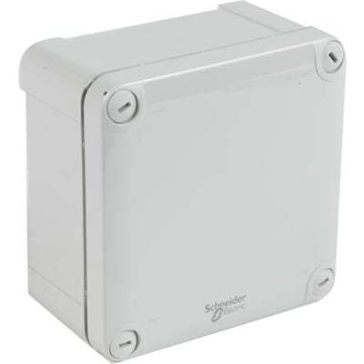 Schneider Electric Thalassa TBP industriel kasse i PC med gråt låg, måler 105x105x55 mm og har synlige skruer ved hjørnerne.