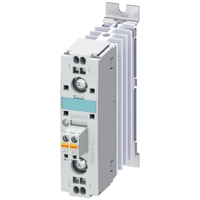 Siemens 3RF2 solid-state kontaktor med 10A strøm og 48-600V spænding, udstyret med fjederterminaler og køleplade.