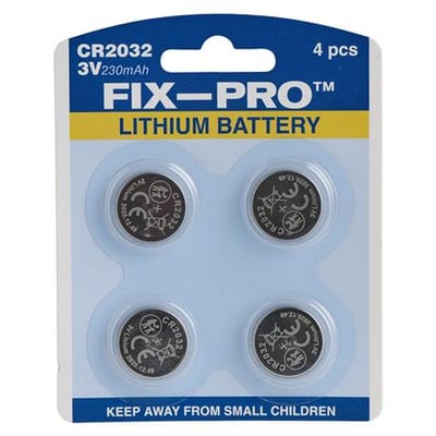 Emballage med fire Fix-Pro CR2032 lithium-knapcellebatterier, mærket 3 V og 230 mAh.