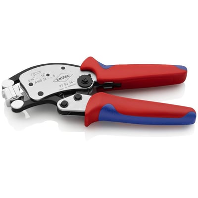 Knipex Twistor16 krympetang 97 53 18 med røde og blå håndtag, viser kapacitet 0,14-16mm².