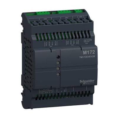 Schneider Electric M172 Expansion 2 ventil driver med bipolar kommunikation via CANBUS, viser grønne terminaler og mærkning.