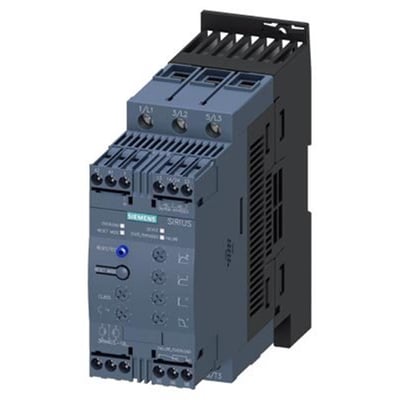 Siemens SIRIUS softstarter 3RW4036-1BB04 med 24VUC styrespænding, 22kW og 45A, set fra siden med tydelige skrueterminaler og indikatorer.