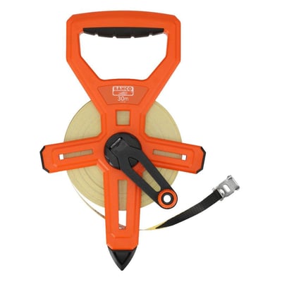 Detaljebillede af Bahco 100m målebånd med tydelige gradueringer og ergonomisk håndtag.