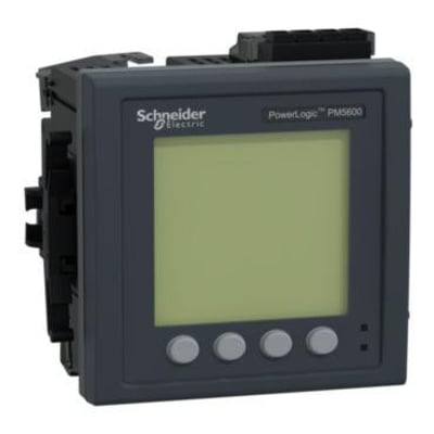 Schneider Electric PowerLogic PM5600 energimåler med stor baggrundsbelyst LCD-skærm og fire grå knapper på fronten.