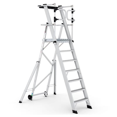 KEYPRO platformsstige i aluminium med 6+1 trin, stor arbejdsplatform og sikkerhedsbarrierer, præsenteret på hvid baggrund.