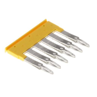 Weidmüller Laske ZQV 2,5/6 6-polet gul fjederlaske, der viser 6 metalstik på en isoleret gul base.