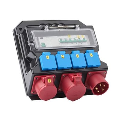 Heatcom byggepladstavle med 32A CEE indtag og fire 230V stik samt et 16A CEE udtag i sort slagfast plast.