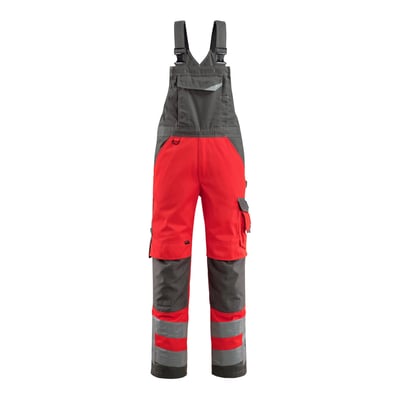 Mascot overall 15569 i hi-vis rød og antracit, str. 90C54, med justerbare seler og mange praktiske lommer.