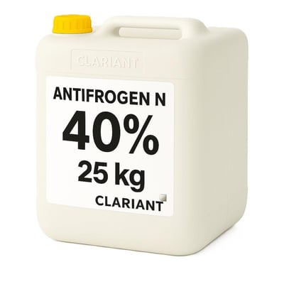 Clariants Antifrogen N-glykol i 40 % koncentration og 25 kg beholder, set skråt forfra med gult skruelåg.