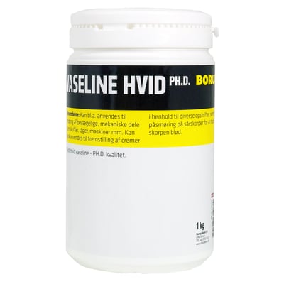 Nærbillede af Borup Kemi vaseline 1 kg beholder, med detaljeret tekst om anvendelse og PH.D. kvalitet på etiketten.