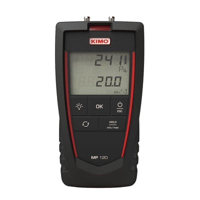 Frontvisning af Elma Instruments KIMO MP120 mikromanometer, med detaljeret overblik over display og betjeningsknapperne.