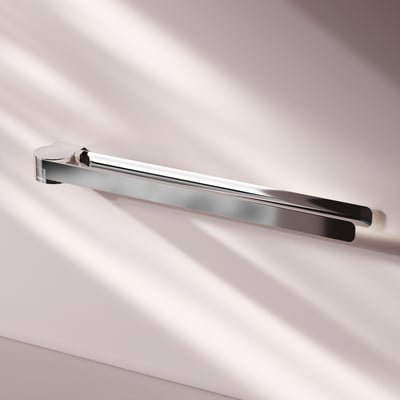 AM.PM Inspire V2.0 dobbelt håndklædeholder i krom med blank overflade, monteret på en væg med solstråler.