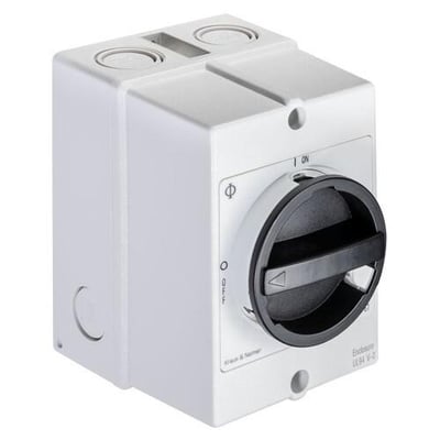 Kraus & Naimer EMC reparationsafbryder i hvidt plastkapsling med sort drejehåndtag og tydelige markeringer for ON og OFF.