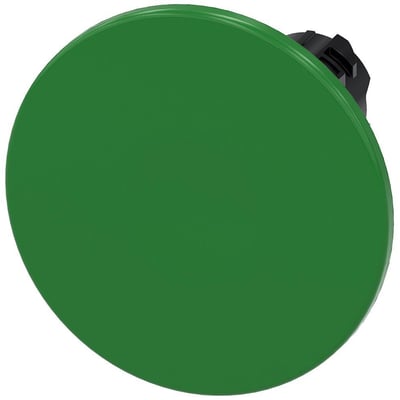 Siemens SIRIUS ACT paddetrykknap i grøn plast med en diameter på 60mm og en rund aktuator, isoleret på hvid baggrund.