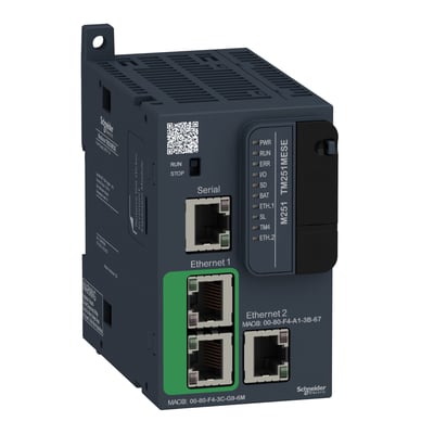 Schneider Electric Modicon M251 TM251MESE PLC med to Ethernet-porte og en seriel port.