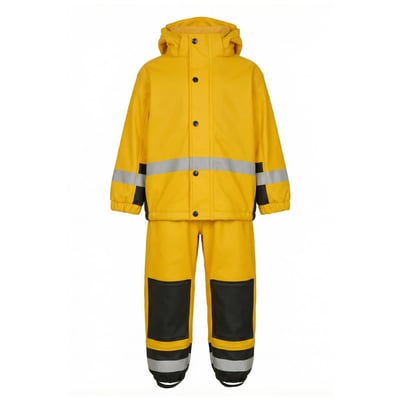 Lyngsøe Rainwear F1552 regnsæt til 6-årige i gul og sort med hætte, refleksstriber og forstærkede knæ.