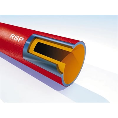 Snit af rødt SML støbejernsafløbsrør med en indvendig epoxybelægning i gul. Røret har en udvendig diameter på 110mm og en indvendig på 100mm.