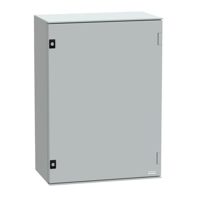 Schneider Electric vægskab 7035 i lys grå, 747x536x300 mm, med metal bundplade og to låse, vist fra siden på hvid baggrund.