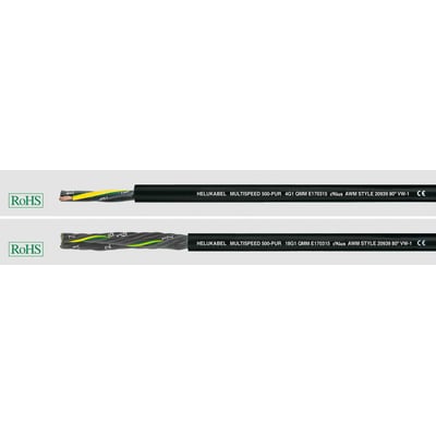 HELUKABEL MULTISPEED 500-PUR 4G1 QMM E170315 cRUus AWM STYLE 20939 80° VW-1 CE med RoHS-mærkning og afisoleret ende.