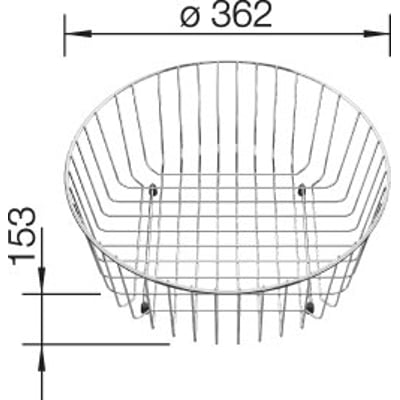 Blanco opvaskekurv Rondosol i rustfrit stål med dimensioner Ø362mm og 153mm vist med mål.