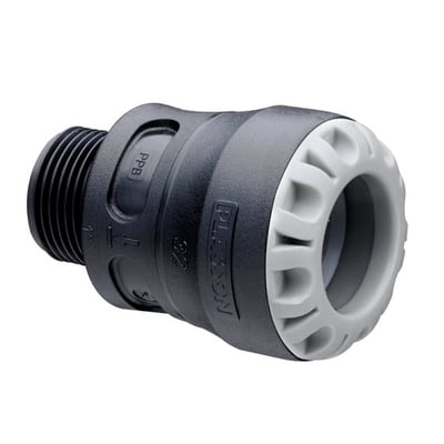 Plasson overgang med nippel i PP til 20 mm rør og 3/4" udvendigt gevind, PN16, serie 1.