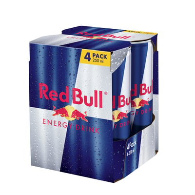 Red Bull Original energidrik i blå og sølvfarvet 4-pak med fire dåser på 250 ml, vist skråt forfra.