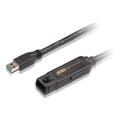 Aten USB 3.2 Gen1-forlængerkabel på 10 meter med sort USB-A-stik og indbygget forstærkermodul.