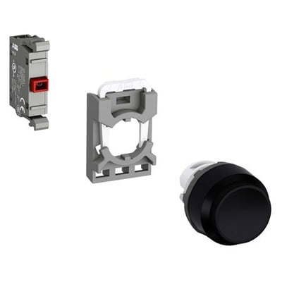 Tre komponenter til en ABB trykknap: en grå monteringsblok med rød knap, en grå montageholder og en sort trykknap.
