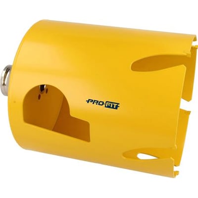 PRO-FIT HM hulsav 152 mm i gul metal med PRO-FIT logo, vist med åbne skær og monteringsadapter.
