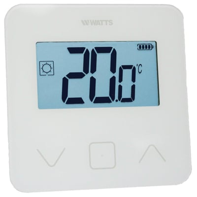 WATTS Vision hvid rumtermostat med stort LCD display, der viser 20.0 grader Celsius og batteriindikator.