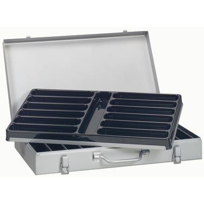 Legrand CAB3 Memocab sortimentsæske i metal, åben med en sort plastikbakke med mange rum til CAB 3 mærker og holdere.