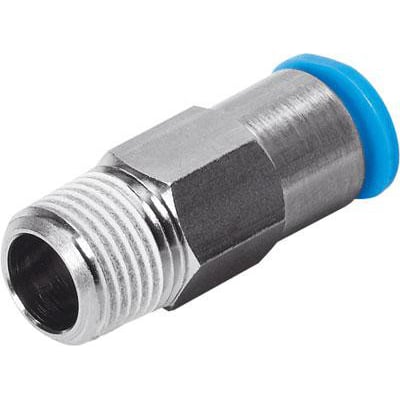 Festo lige forskruning QSK-1/8-4 med udvendig gevind og blå push-in fitting, lavet af metal med sekskantet krop.