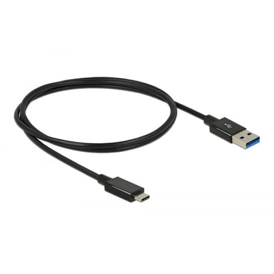 Delock USB-kabel med USB Type-A han til USB Type-C han stik, 1 meter langt og sort, isoleret på hvid baggrund.