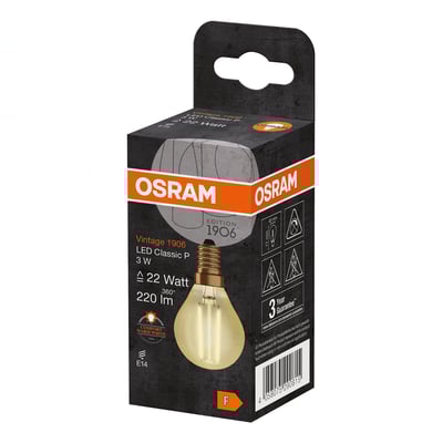 Osram 1906 Vintage mini ball LED pære i guldfarvet glas, 2.2W, 220 lm, E14, med 3 års garanti vist på emballage.