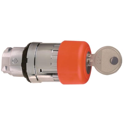 Detaljebillede af Schneider Electric sikkerhedsnødstop i sølvfarvet metal med orange knap og nøgle med nummer 455.