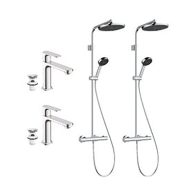 Hansgrohe julepakke nr. 2 med to komplette sæt bestående af armatur, showerpipe og bundventiler i krom.