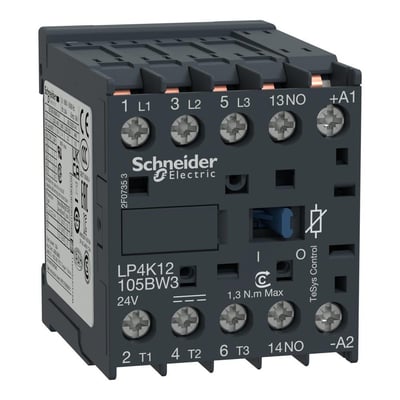 Schneider Electric kontaktor 12A 3P+1NO 24VDC fra TeSys K serien med tydelige mærkater og skrueklemmer.