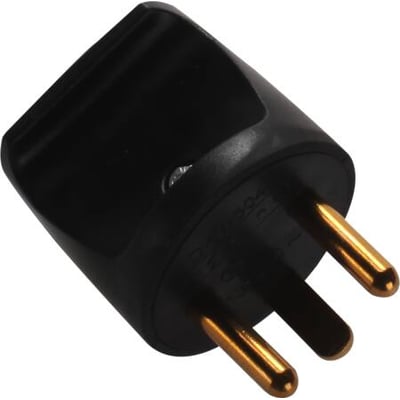 Sort stikprop med jord til EDB-udstyr, rund udformning, 230V og 16A max belastning.